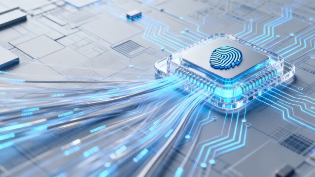 Futuristic biometric security processor with fingerprint authentication and circuit connections, ideal for cybersecurity presentations fintech solutions and enterprise security