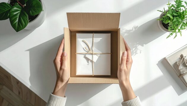 Hands opening a cardboard shipping parcel with a wrapped gift inside on a desk, delivery service and unboxing experience