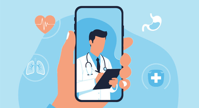 Medical consultation online via smartphone with doctor video call digital healthcare service virtual patient support remote diagnostic mobile app health icons set.