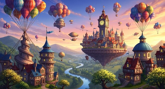 Fantasy floating castle with colorful hot air balloons and whimsical architecture