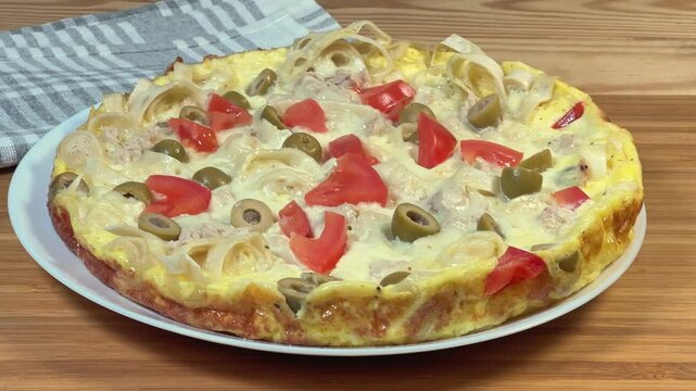 Pizza on chopped thin flat bread base with eggs