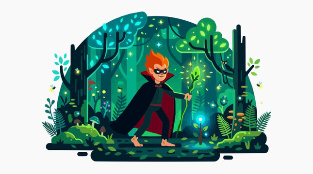Magical boy with cape and mask explores a glowing enchanted forest with fireflies and an owl