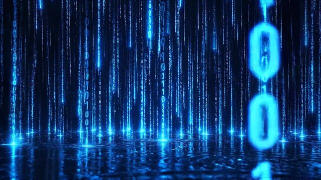 Abstract blue digital rain of binary code cascading into reflective water surface