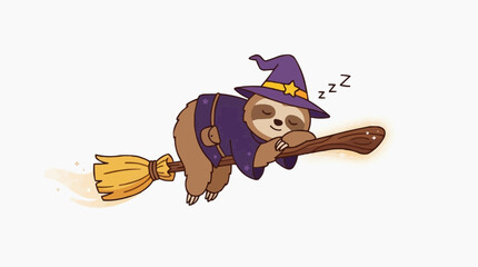 Fototapeta premium Cute cartoon sloth wizard sleeping on a broomstick flying through the night sky with stars and zzz symbols