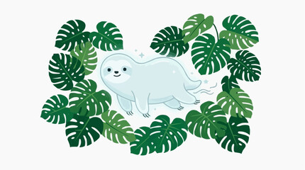 Fototapeta premium Cute cartoon sloth illustration surrounded by lush green monstera leaves with sparkling accents