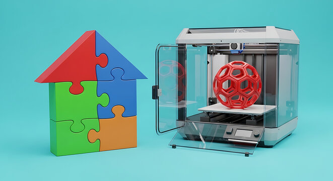 3D printer creating a red geometric sphere with a puzzle house shape additive manufacturing technology innovation industrial creation geometric engineering prototyping production