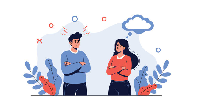 Man and woman standing in front of each other with their arms crossed looking angry and stubborn during a relationship argument.