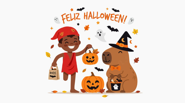 Saci and capybara, characters from Brazilian folklore, celebrate Halloween with pumpkin sweets and the message "Happy Halloween," "Feliz Halloween" isolated on a white background.