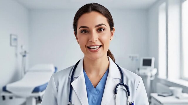 A friendly doctor in a white coat and stethoscope smiles in a clinic setting.