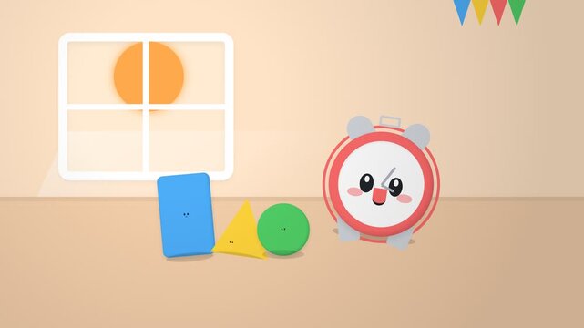 Educational Animation Featuring Colorful Geometric Shapes and a Cute Animated Clock.