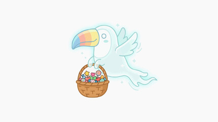 Obraz premium Cute cartoon toucan ghost carrying a basket full of colorful candies and sweets with wings and glowing outline