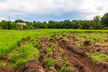 Obraz premium Freshly plowed brown soil furrows cutting through a vibrant green overgrown meadow, showcasing the raw process of reclaiming wild land for future agricultural planting under cloudy skies