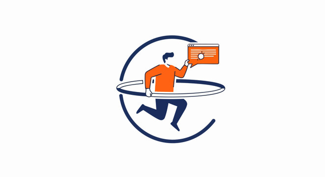 Modern Flat Vector Illustration of a Professional Man Running Through a Circular Frame Holding a Digital Idea Interface, Concept for Innovation, Web Development, and Success