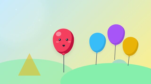 Sad red balloon feeling lonely and isolated from other colorful balloons in a grassy landscape.