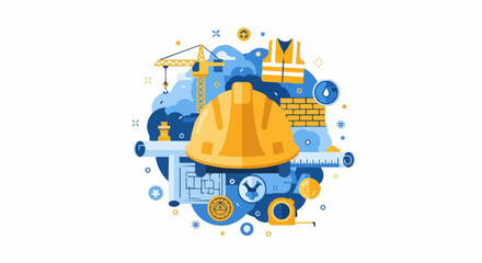 Naklejka premium Construction and Engineering Flat Design Vector Illustration with Safety Gear and Building Tools