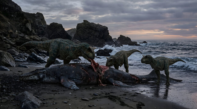 Carnotaurus dinosaurs feeding on a beached mosasaur