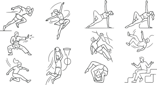 Athletic people practicing sports and fitness activities set line art including running dancing climbing yoga and basketball.