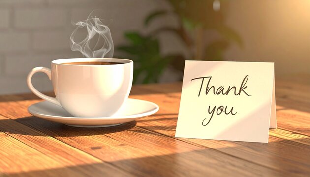 Thank You Note And Ceramic Coffee Cup In Cozy Modern Interior With Natural Morning Light