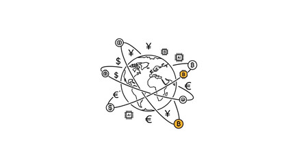 A hand drawn illustration of a globe surrounded by various global currency symbols © HALEDS