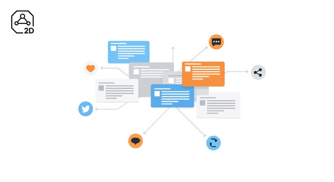 A digital illustration showing various social media interaction icons and text boxes