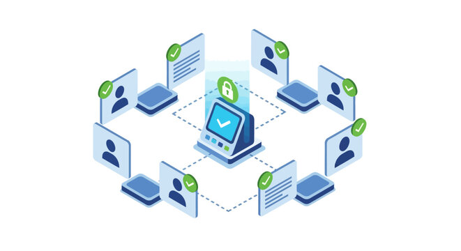 A digital illustration showing a secure network connection between multiple users