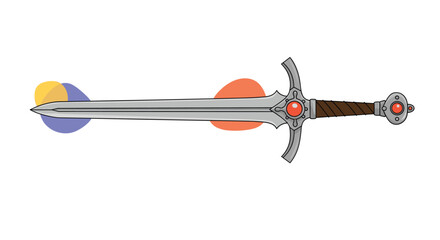 Obraz premium Elegant fantasy longsword features a silver blade and intricate hilt decorated with glowing red gemstones for a heroic warrior.