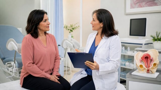 Modern gynecology appointment with mature female patient and doctor reviewing screening, hormonal wellness and lifestyle prevention plan.
