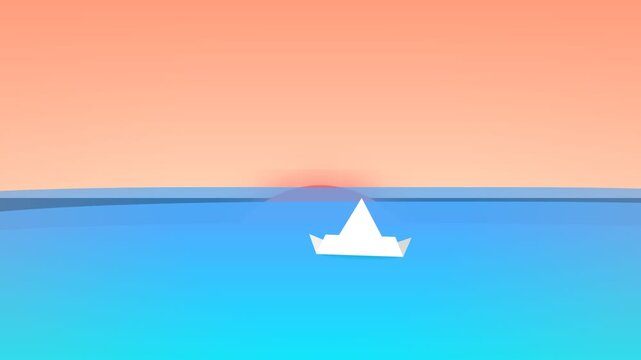 Minimalist Animation of a Paper Boat Sailing Across a Calm Ocean at Sunset.