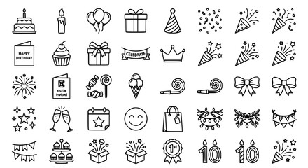 Naklejka premium Minimalist Editable Line Birthday Icons Pack Featuring Party Cake Balloons and Celebration Elements