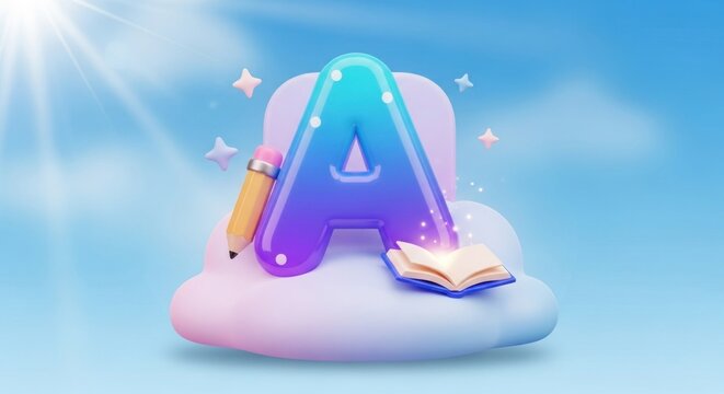 A colorful 3D letter 'A' with a pencil and a book on a cloud against a blue sky with stars.
