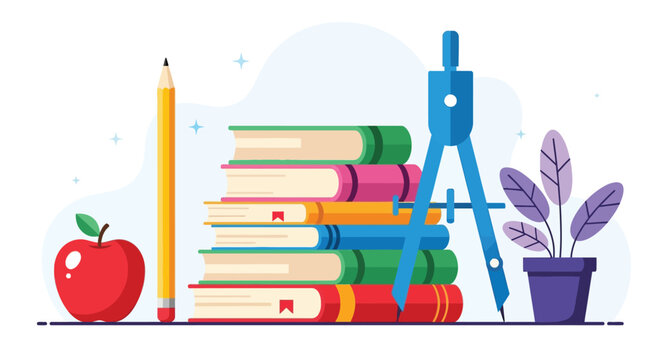Education concept with stack of colorful books pencil drafting compass apple and potted plant on wooden desk against light blue background for school study.