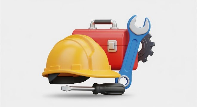 A yellow hard hat and a red toolbox with a blue wrench and a screwdriver on a white background.
