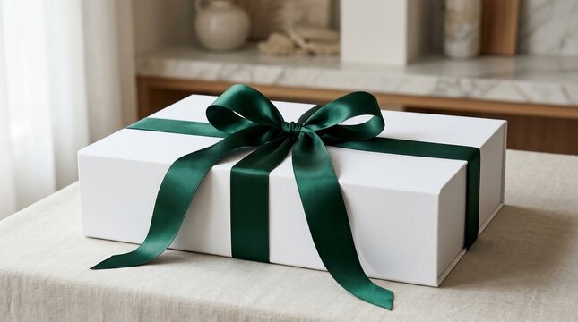 Wrapped gift box with green ribbon on table