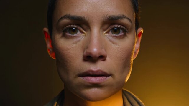 Cinematic close-up portrait of a contemplative woman with intense hazel eyes, detailed skin texture and golden highlight accents under eye and on lips, dramatic warm lighting
