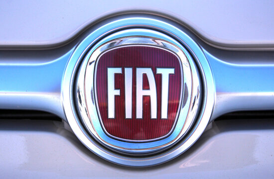 Vinnytsia, Ukraine; February 2, 2026. Close up Fiat 500 X logo and emblem. Fiat logo mounted on chrome front grille of modern vehicle Fiat 500X. Chrome details and modern design of front grille of Fia