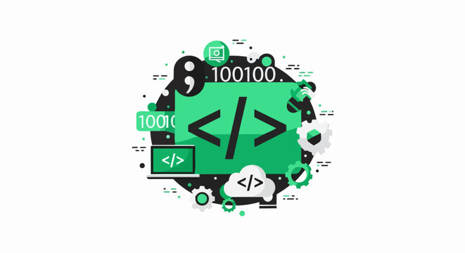 Software Development and Coding Concept Flat Vector Illustration with Programming Symbols, Gears and Cloud Computing Icons