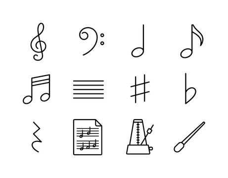Musical notes on sheet music. Line outline icon set of Musical notes on sheet music: treble clef, bass clef, quarter note, eighth note, beamed notes, music staff, sharp symbol, flat symbol, rest