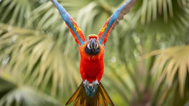 A colorful macaw parrot with wings spread wide in front of palm fronds.
