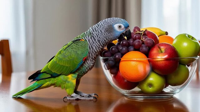 A parrot curiously peeks into a bowl filled with colorful fruits.