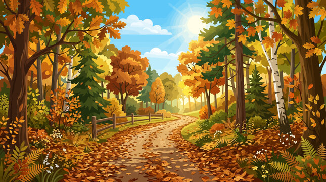 Autumn forest pathway with dry leaves sunny weather