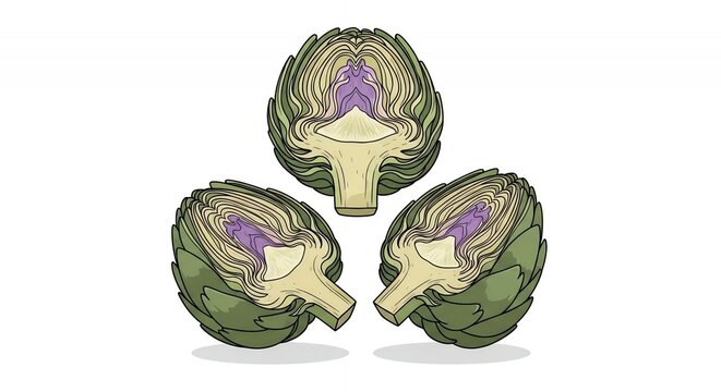 Set of Three Halved Artichoke Vegetables with Detailed Leaves and Purple Hearts Isolated Illustration on White