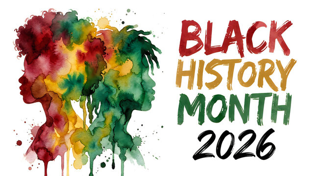 Black history month 2026 creative poster design with artistic watercolor silhouette profiles of two diverse individuals in vibrant colors isolated on white for cultural appreciation.