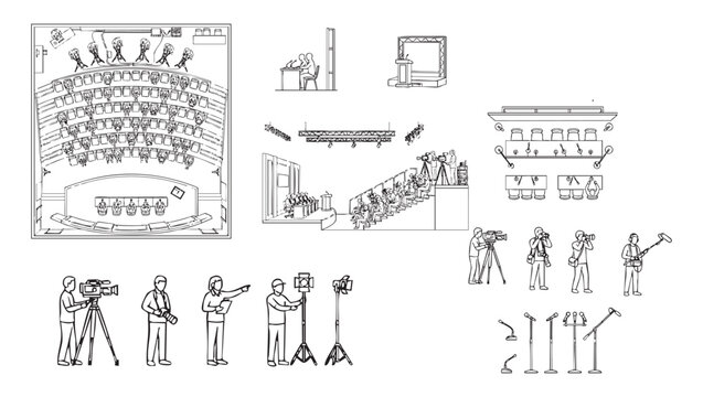 Press Conference Staging CAD Blocks &ndash; Top and Side View Media Layout Vectors