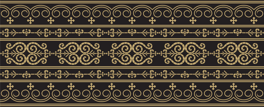 Vector gold and black seamless Yakut ornament. Endless border, frame of the northern peoples of the Far East.