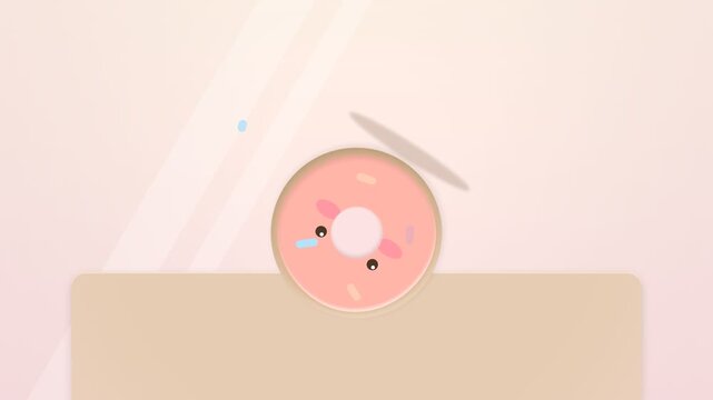 Cute Animated Pink Donut Character Rolling Across a Minimalist Background.