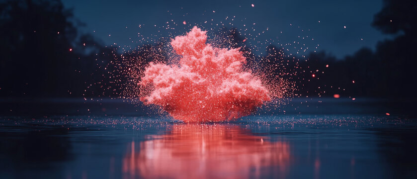 Vivid red dust erupts spectacularly above dark water, scattering glowing particles, perfectly mirrored below a mysterious twilight sky