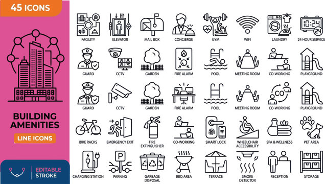 Set of forty five building amenities line icons Vector