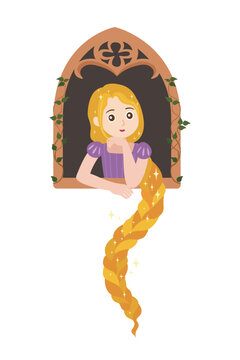 Cute Rapunzel Princess with Long Golden Braided Hair Looking out of Tower Window, Fairy Tale Character Vector Illustration