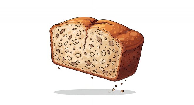 Delicious Homemade Banana Nut Bread Loaf Illustration with a Rustic Textured Slice Isolated on Plain White Background