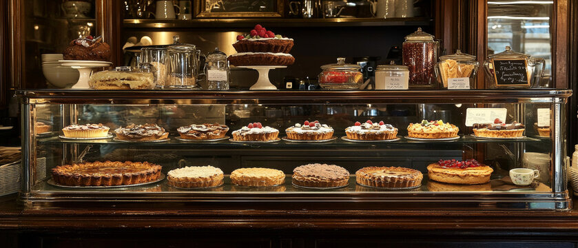 Warm bakery display case filled with an abundant variety of delicious tarts, cakes, and sweet pastries, with more treats above